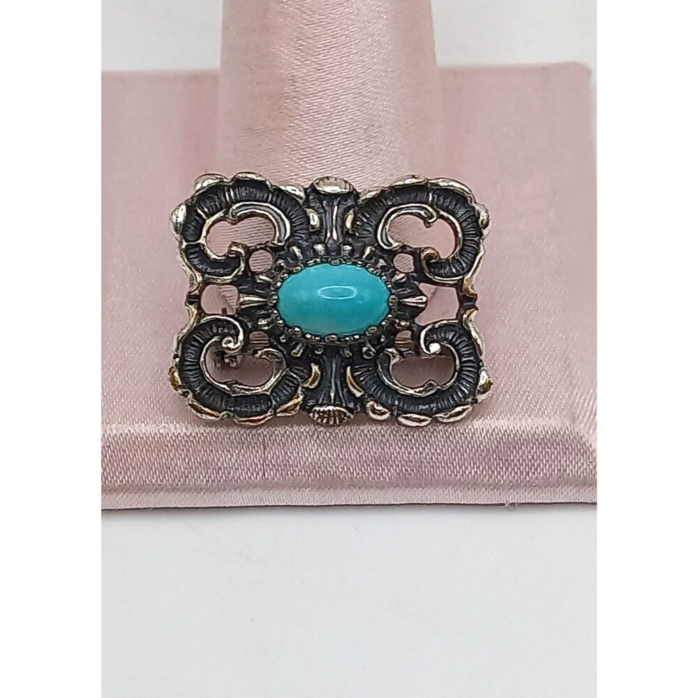 Vintage RAS 835 Silver Turquoise Brooch Pin Openwork Rococo Scroll European